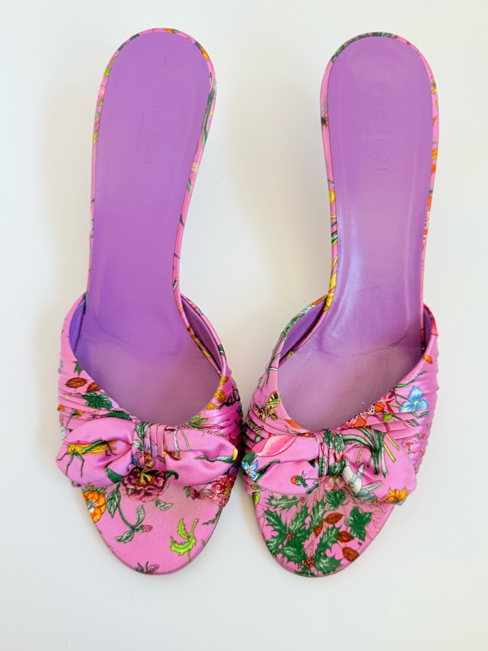 Gucci Flora Satin Bow Mule Heels Pink Cyclamen Floral Sandals US 10 Vintage Y2K - Picture 2 of 9